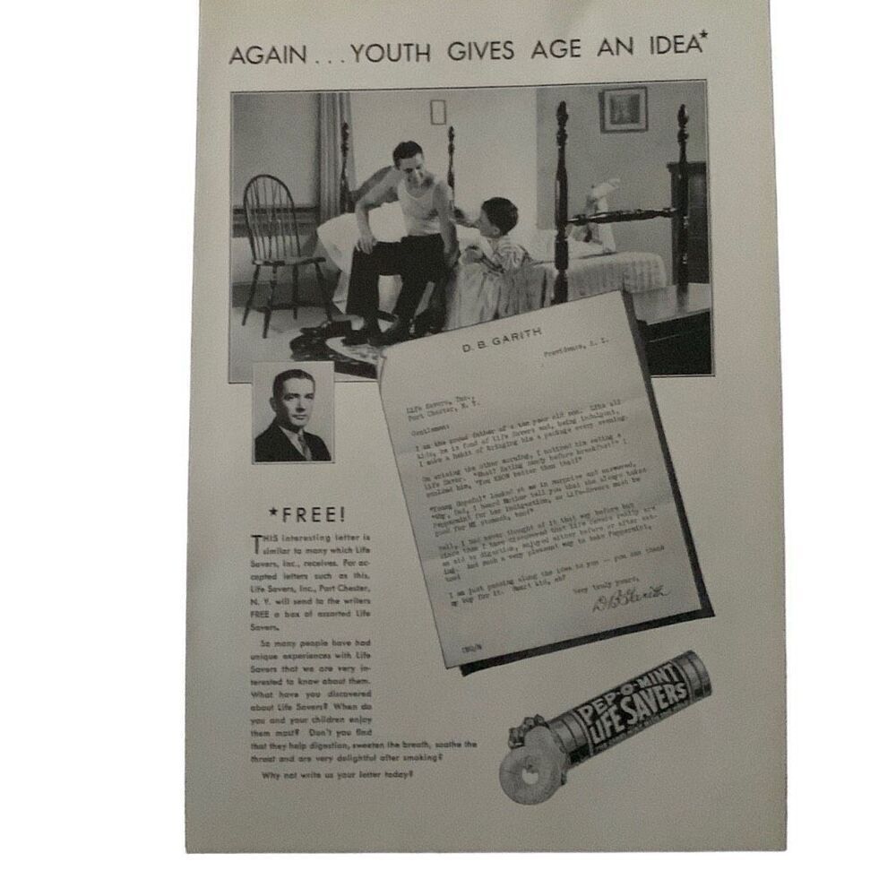 Vintage 1930 Life Savers Pep O Mint Youth Gives Age An Idea Ad Advertisment
